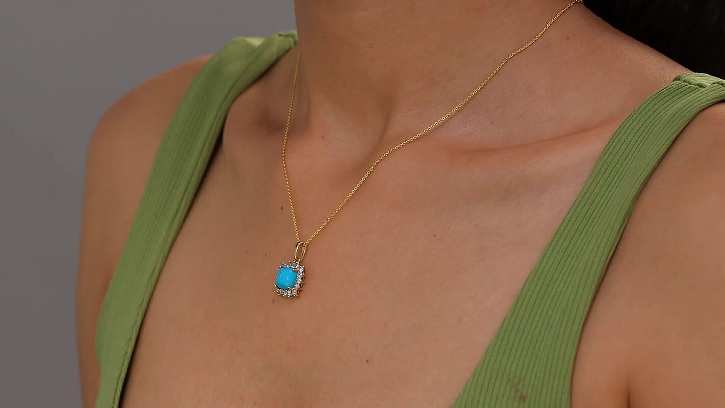 D'Joy Premium Sleeping Beauty Turquoise and White Zircon 3.50 ctw Pendant Necklace in 18K Vermeil Yellow Gold Over Sterling Silver 20 Inches