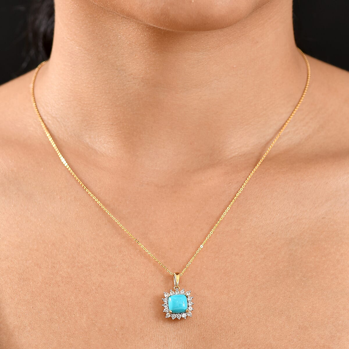 D'Joy Premium Sleeping Beauty Turquoise and White Zircon 3.50 ctw Pendant Necklace in 18K Vermeil Yellow Gold Over Sterling Silver 20 Inches  image number 2