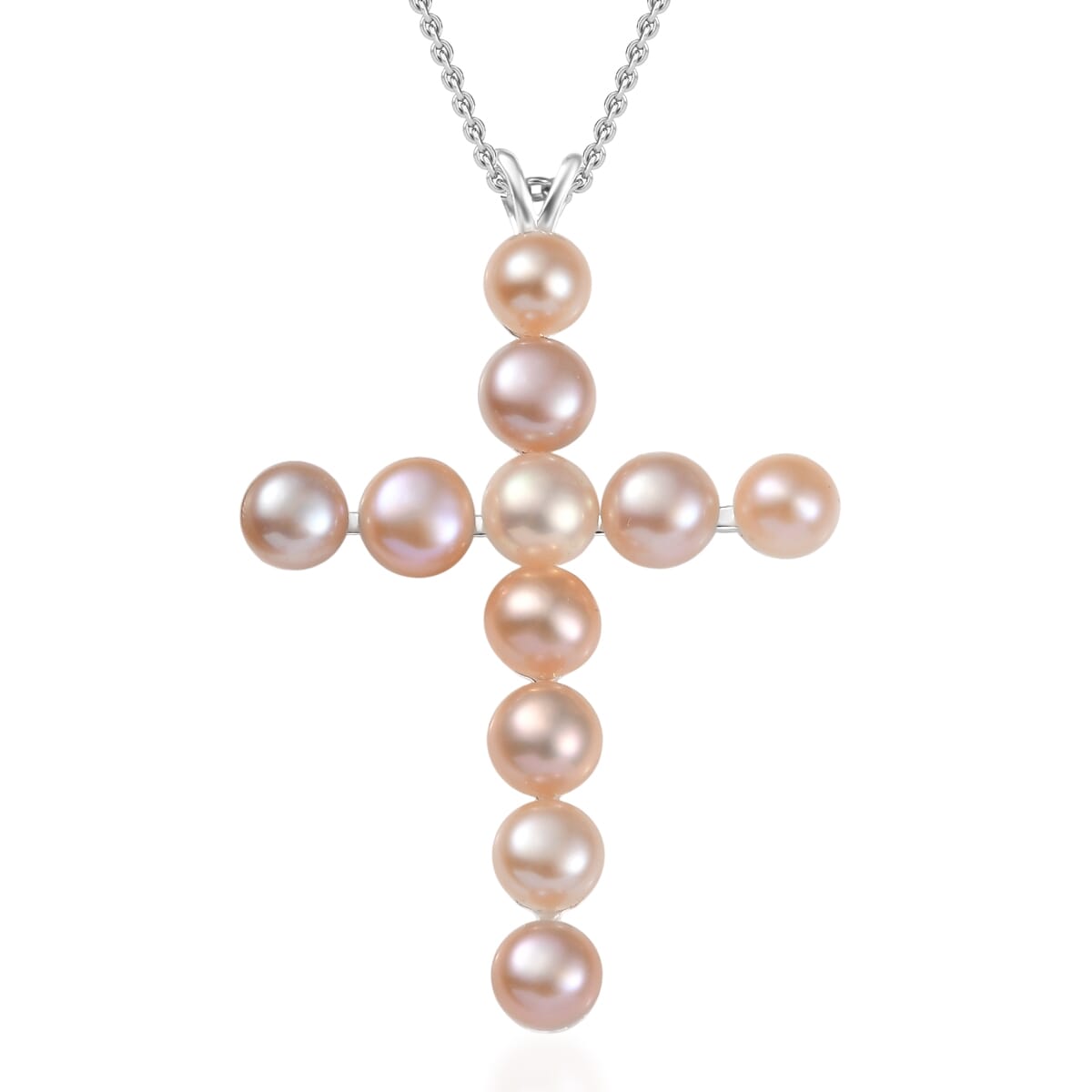 D'Joy Peach Freshwater Pearl Cross Pendant in Sterling Silver with Stainless Steel Necklace 20 Inches image number 0