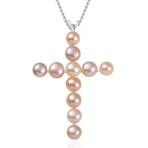 D'Joy Peach Freshwater Pearl Cross Pendant in Sterling Silver with Stainless Steel Necklace 20 Inches