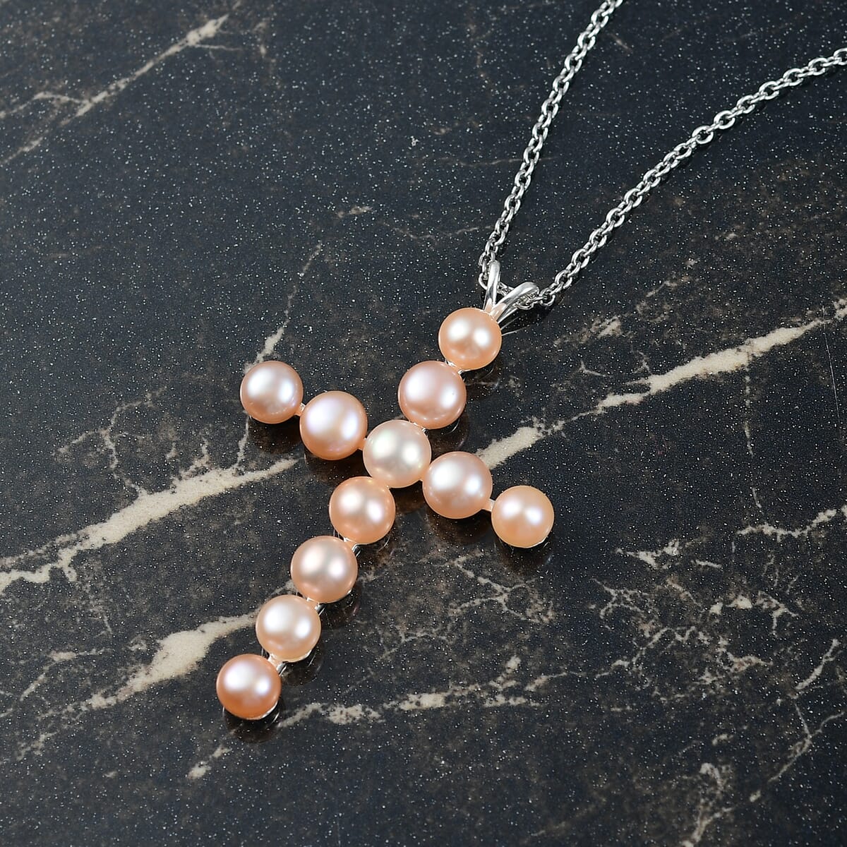 D'Joy Peach Freshwater Pearl Cross Pendant in Sterling Silver with Stainless Steel Necklace 20 Inches image number 1