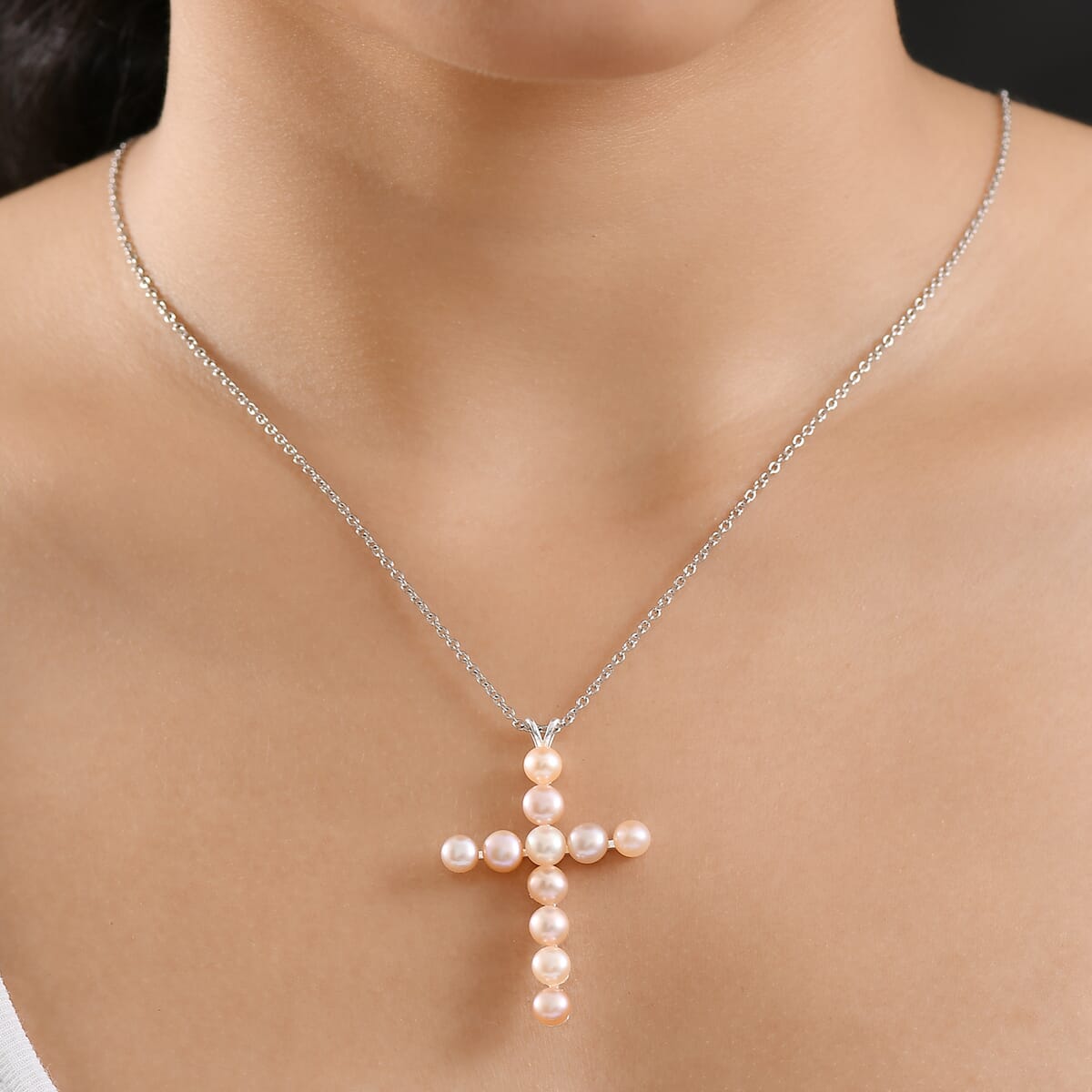 D'Joy Peach Freshwater Pearl Cross Pendant in Sterling Silver with Stainless Steel Necklace 20 Inches image number 2
