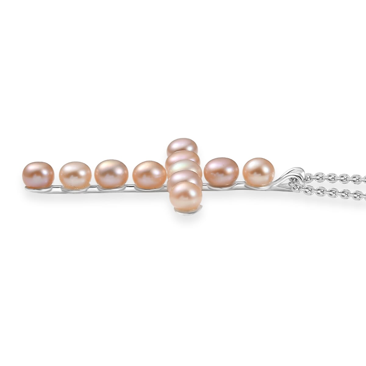 D'Joy Peach Freshwater Pearl Cross Pendant in Sterling Silver with Stainless Steel Necklace 20 Inches image number 3