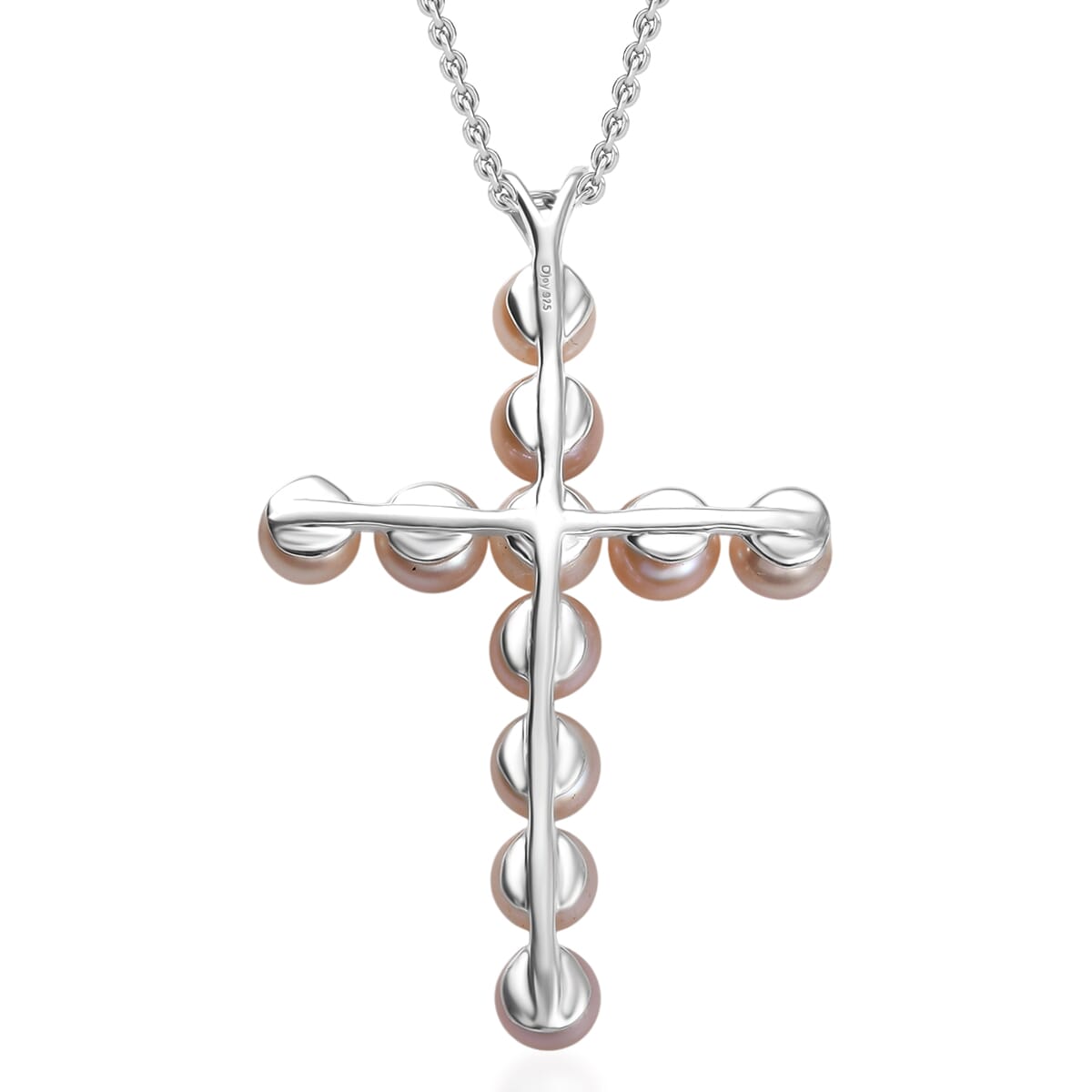 D'Joy Peach Freshwater Pearl Cross Pendant in Sterling Silver with Stainless Steel Necklace 20 Inches image number 4