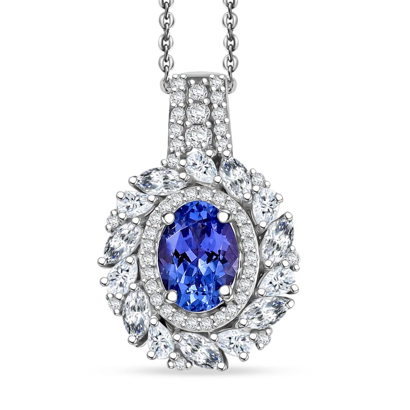 D'Joy Tanzanite and Moissanite 2.35 ctw Floral Burst Pendant Necklace in Rhodium Over Sterling Silver 20 Inches