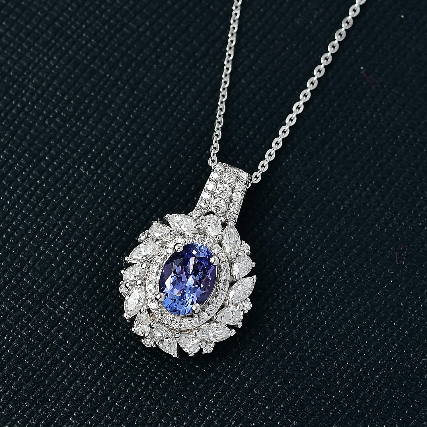 D'Joy Tanzanite and Moissanite 2.35 ctw Floral Burst Pendant Necklace in Rhodium Over Sterling Silver 20 Inches