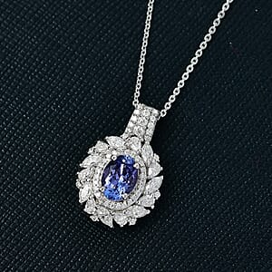 D'Joy Tanzanite and Moissanite 2.35 ctw Floral Burst Pendant Necklace in Rhodium Over Sterling Silver 20 Inches 