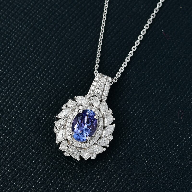 D'Joy Tanzanite and Moissanite 2.35 ctw Floral Burst Pendant Necklace in Rhodium Over Sterling Silver 20 Inches