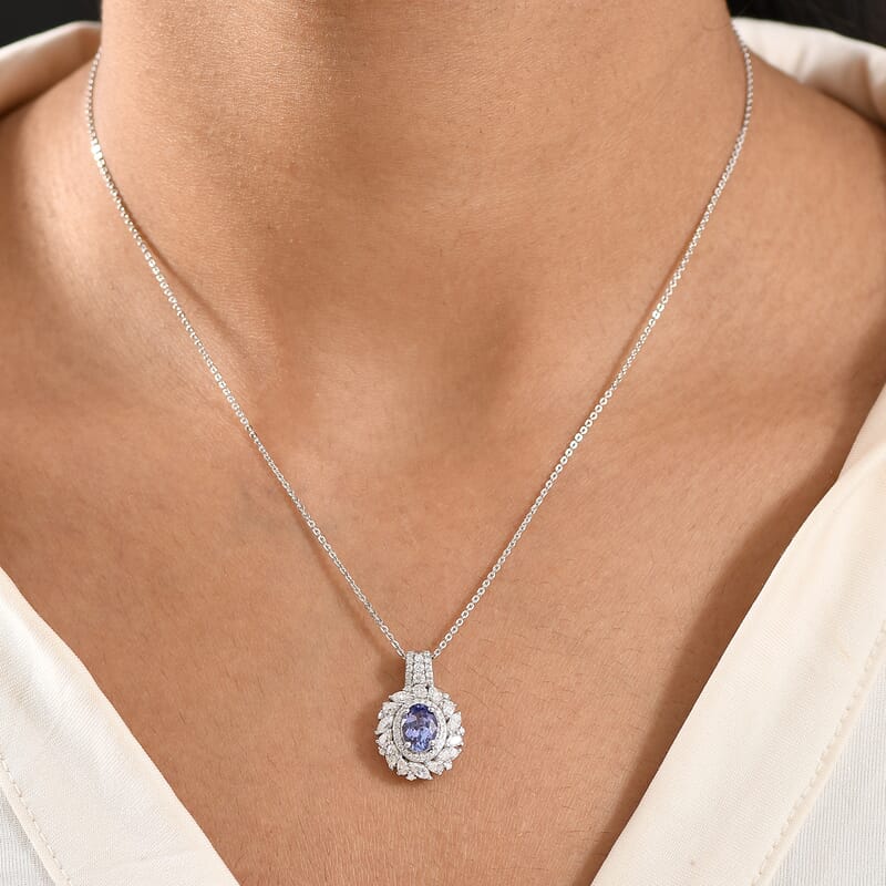 D'Joy Tanzanite and Moissanite 2.35 ctw Floral Burst Pendant Necklace in Rhodium Over Sterling Silver 20 Inches