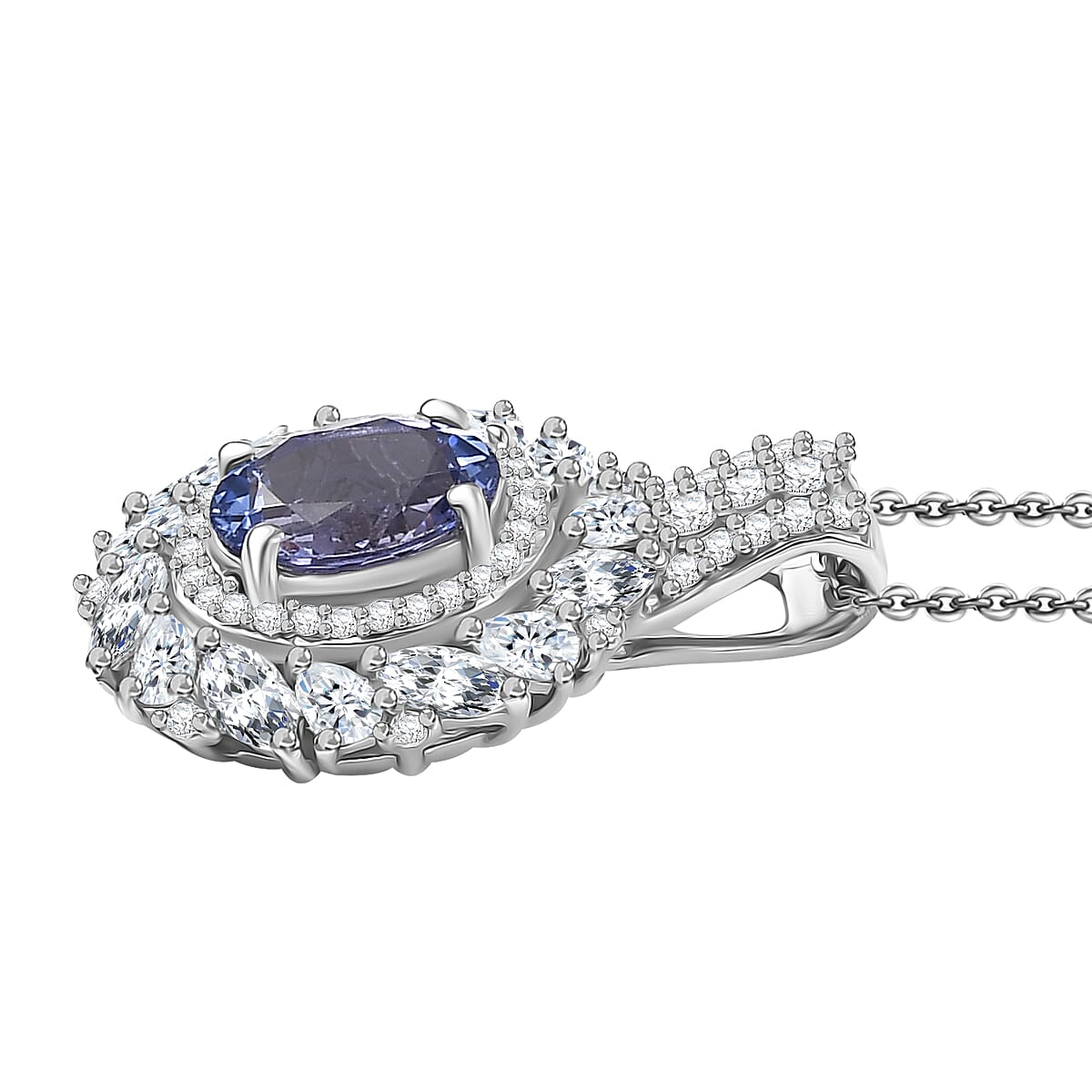 D'Joy Tanzanite and Moissanite 2.35 ctw Floral Burst Pendant Necklace in Rhodium Over Sterling Silver 20 Inches