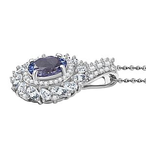 D'Joy Tanzanite and Moissanite 2.35 ctw Floral Burst Pendant Necklace in Rhodium Over Sterling Silver 20 Inches 