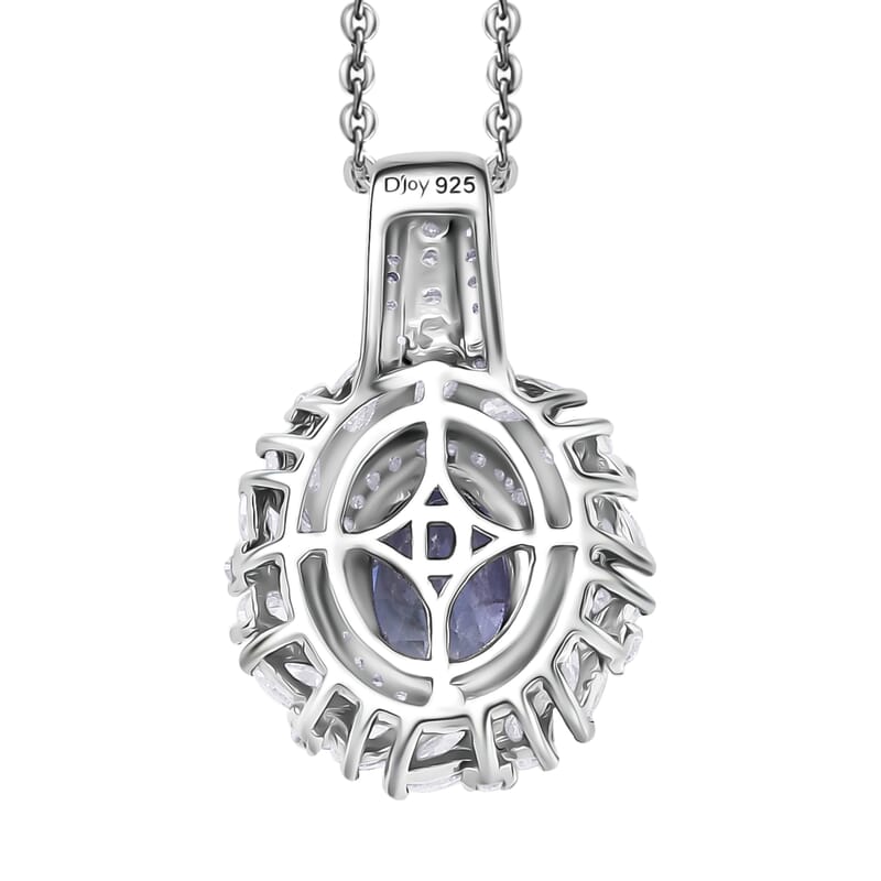 D'Joy Tanzanite and Moissanite 2.35 ctw Floral Burst Pendant Necklace in Rhodium Over Sterling Silver 20 Inches