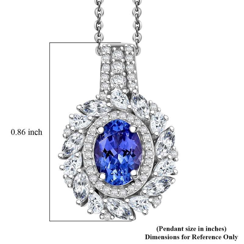 D'Joy Tanzanite and Moissanite 2.35 ctw Floral Burst Pendant Necklace in Rhodium Over Sterling Silver 20 Inches