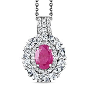 D'Joy Premium Taveta Ruby and Moissanite 2.80 ctw Floral Burst Pendant Necklace in Rhodium Over Sterling Silver 20 Inches 