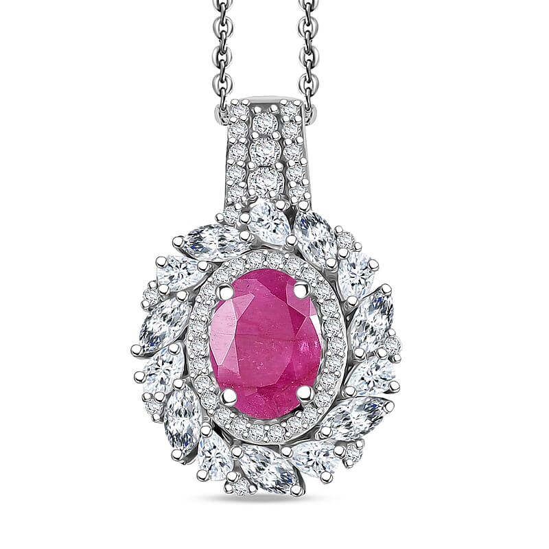 D'Joy Premium Taveta Ruby and Moissanite 2.80 ctw Floral Burst Pendant Necklace in Rhodium Over Sterling Silver 20 Inches