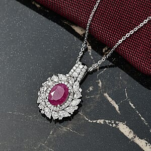 D'Joy Premium Taveta Ruby and Moissanite 2.80 ctw Floral Burst Pendant Necklace in Rhodium Over Sterling Silver 20 Inches 