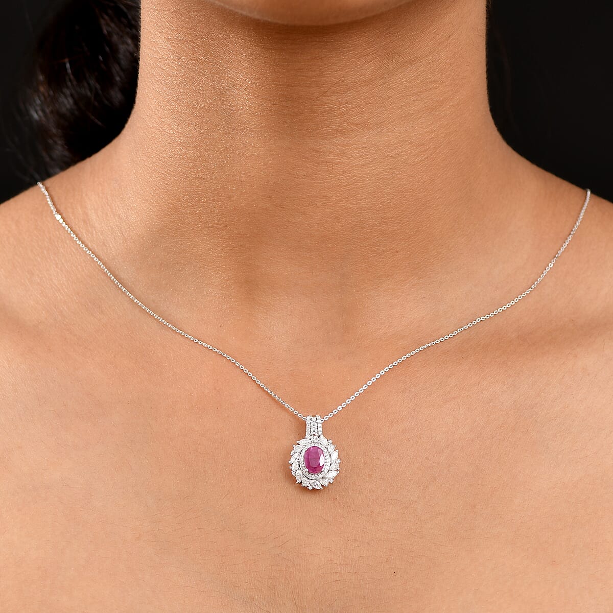 D'Joy Premium Taveta Ruby and Moissanite 2.80 ctw Floral Burst Pendant Necklace in Rhodium Over Sterling Silver 20 Inches  image number 2