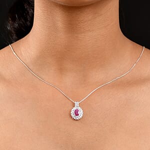 D'Joy Premium Taveta Ruby and Moissanite 2.80 ctw Floral Burst Pendant Necklace in Rhodium Over Sterling Silver 20 Inches 