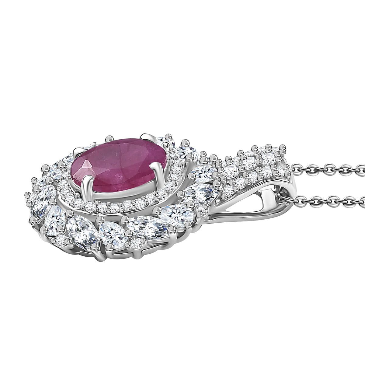 D'Joy Premium Taveta Ruby and Moissanite 2.80 ctw Floral Burst Pendant Necklace in Rhodium Over Sterling Silver 20 Inches  image number 3