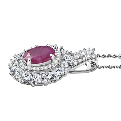 D'Joy Premium Taveta Ruby and Moissanite 2.80 ctw Floral Burst Pendant Necklace in Rhodium Over Sterling Silver 20 Inches