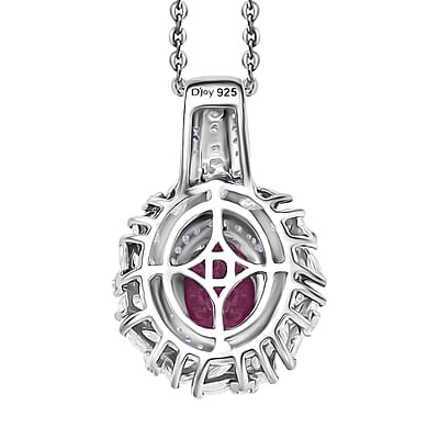 D'Joy Premium Taveta Ruby and Moissanite 2.80 ctw Floral Burst Pendant Necklace in Rhodium Over Sterling Silver 20 Inches