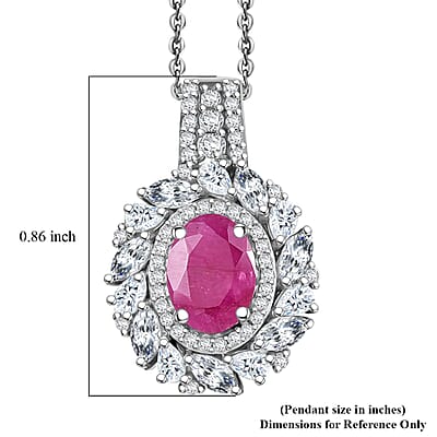 D'Joy Premium Taveta Ruby and Moissanite 2.80 ctw Floral Burst Pendant Necklace in Rhodium Over Sterling Silver 20 Inches
