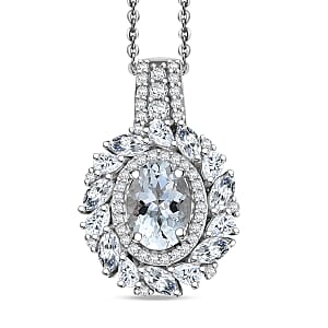 D'Joy Premium Mangoro Aquamarine and Moissanite 2.15 ctw Pendant Necklace in Platinum and Rhodium Over Sterling Silver 20 Inches 