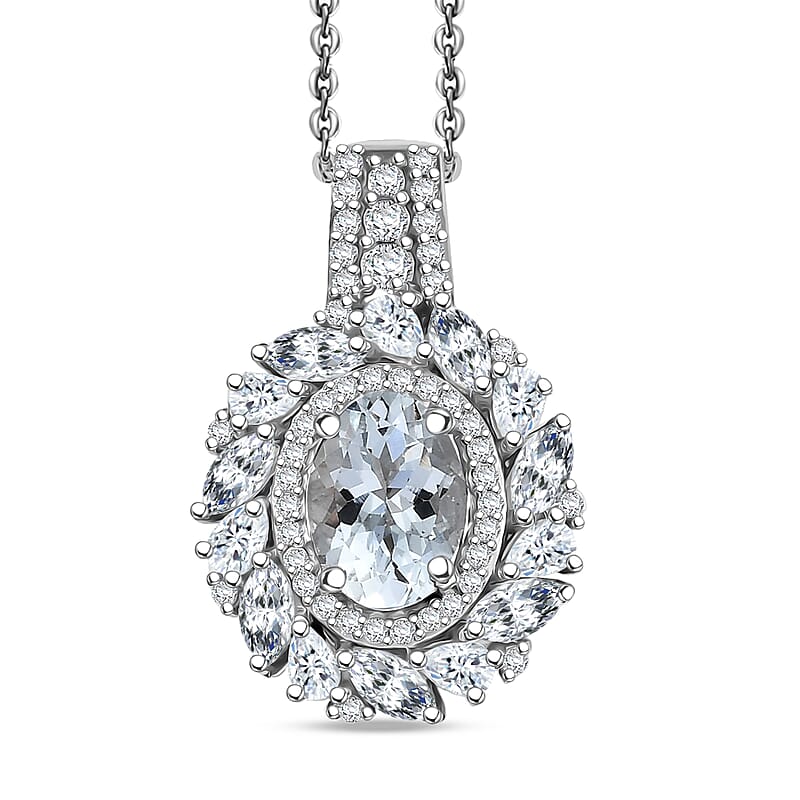 D'Joy Premium Mangoro Aquamarine and Moissanite 2.15 ctw Floral Burst Pendant Necklace in Rhodium Over Sterling Silver 20 Inches