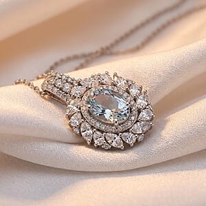 D'Joy Premium Mangoro Aquamarine and Moissanite 2.15 ctw Pendant Necklace in Platinum and Rhodium Over Sterling Silver 20 Inches 