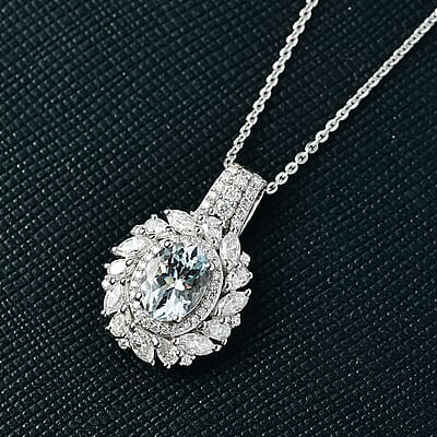 D'Joy Premium Mangoro Aquamarine and Moissanite 2.15 ctw Floral Burst Pendant Necklace in Rhodium Over Sterling Silver 20 Inches