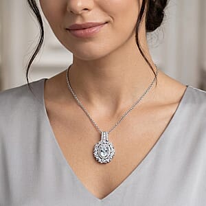 D'Joy Premium Mangoro Aquamarine and Moissanite 2.15 ctw Pendant Necklace in Platinum and Rhodium Over Sterling Silver 20 Inches 