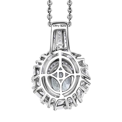 D'Joy Premium Mangoro Aquamarine and Moissanite 2.15 ctw Floral Burst Pendant Necklace in Rhodium Over Sterling Silver 20 Inches