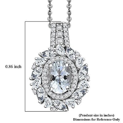 D'Joy Premium Mangoro Aquamarine and Moissanite 2.15 ctw Floral Burst Pendant Necklace in Rhodium Over Sterling Silver 20 Inches