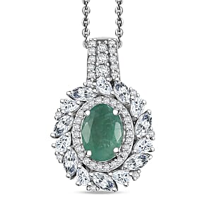 D'Joy Kagem Zambian Emerald and Moissanite 2.10 ctw Floral Burst Pendant Necklace in Rhodium Over Sterling Silver 20 Inches 