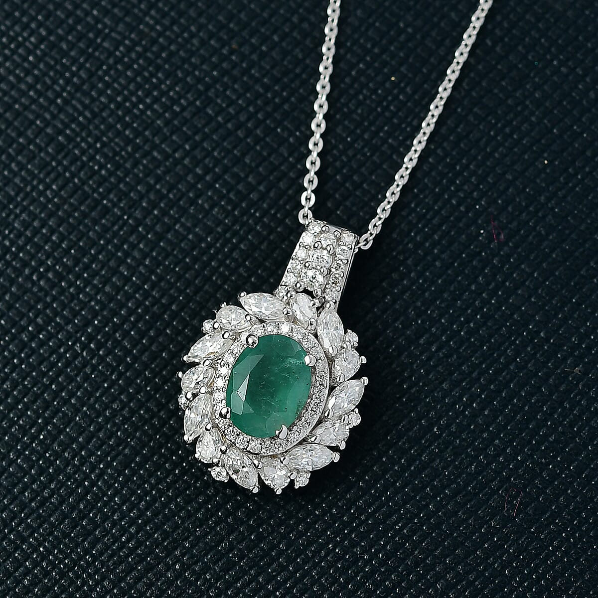 D'Joy Kagem Zambian Emerald and Moissanite 2.10 ctw Floral Burst Pendant Necklace in Rhodium Over Sterling Silver 20 Inches  image number 1