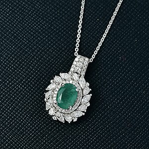 D'Joy Kagem Zambian Emerald and Moissanite 2.10 ctw Floral Burst Pendant Necklace in Rhodium Over Sterling Silver 20 Inches 
