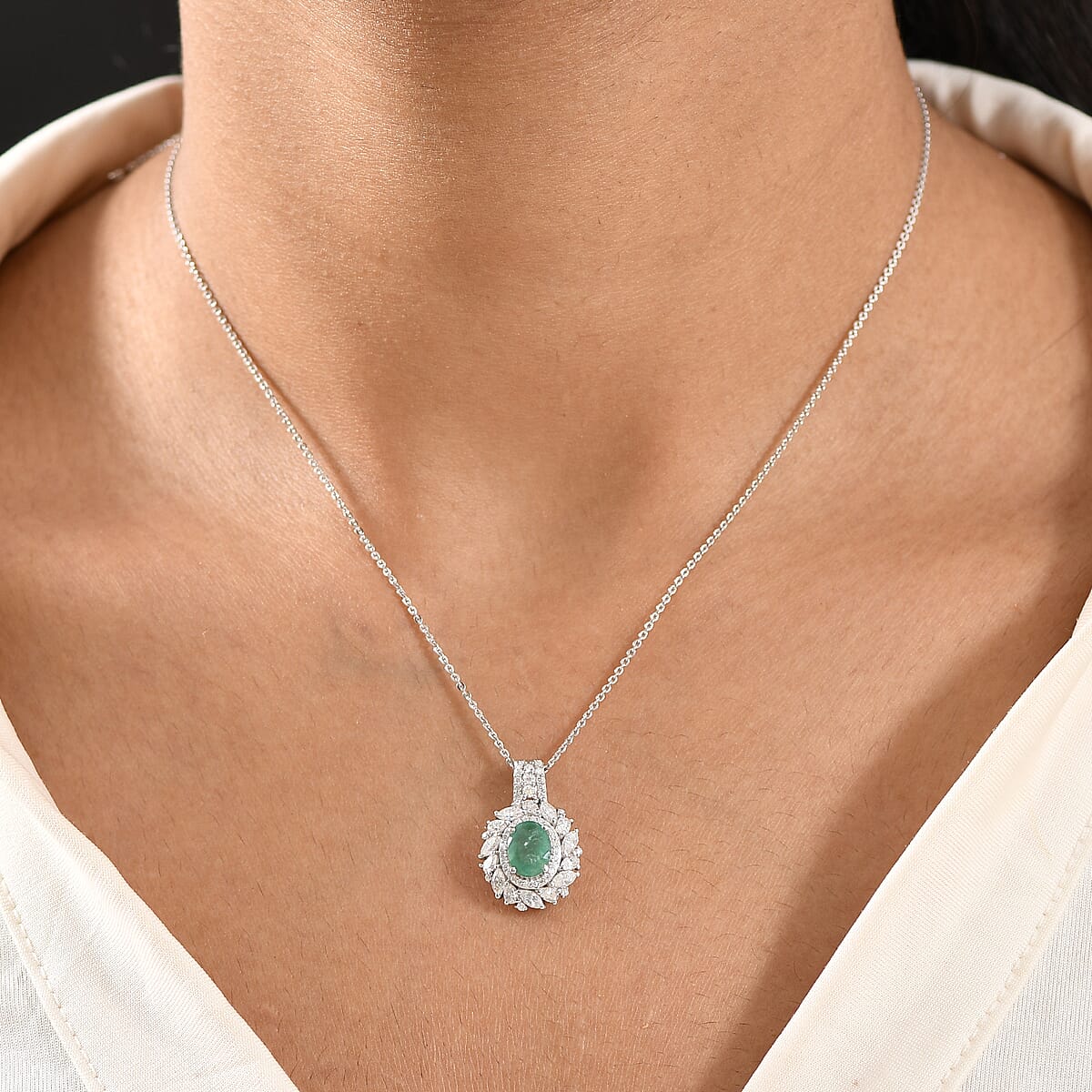 D'Joy Kagem Zambian Emerald and Moissanite 2.10 ctw Floral Burst Pendant Necklace in Rhodium Over Sterling Silver 20 Inches  image number 2