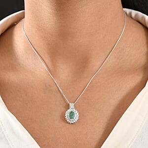 D'Joy Kagem Zambian Emerald and Moissanite 2.10 ctw Floral Burst Pendant Necklace in Rhodium Over Sterling Silver 20 Inches 