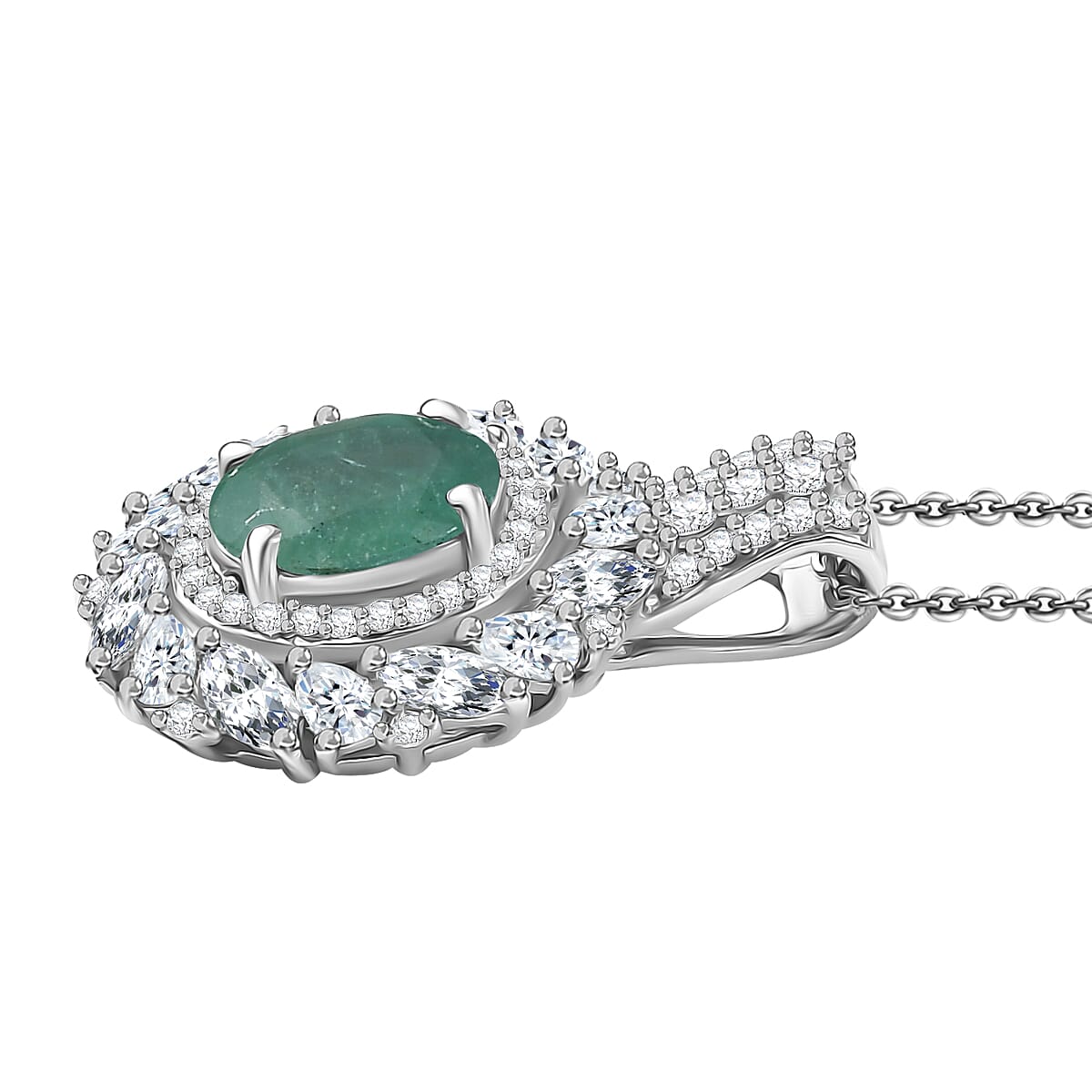 D'Joy Kagem Zambian Emerald and Moissanite 2.10 ctw Floral Burst Pendant Necklace in Rhodium Over Sterling Silver 20 Inches  image number 3