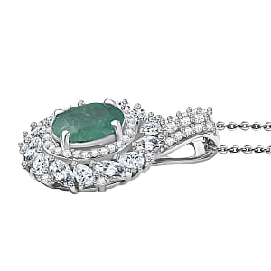 D'Joy Kagem Zambian Emerald and Moissanite 2.10 ctw Floral Burst Pendant Necklace in Rhodium Over Sterling Silver 20 Inches 