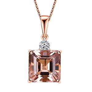 AAA Asscher Cut Marropino Morganite and Luxuriant Lab Grown Diamond 8.20 ctw Art Deco Pendant Necklace 20 Inches in 14K Rose Gold