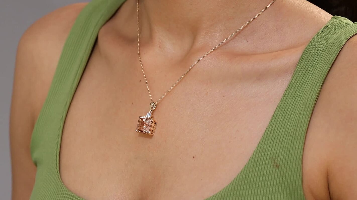 AAA Asscher Cut Marropino Morganite and Luxuriant Lab Grown Diamond 8.20 ctw Art Deco Pendant Necklace 20 Inches in 14K Rose Gold