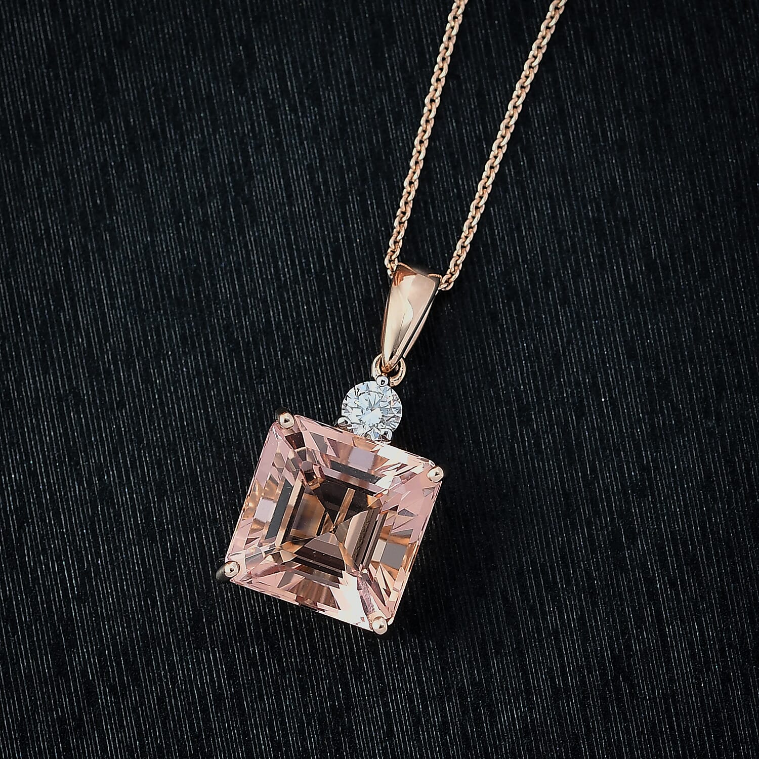 AAA Asscher Cut Marropino Morganite and Luxuriant Lab Grown Diamond 8.20 ctw Art Deco Pendant Necklace 20 Inches in 14K Rose Gold