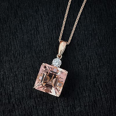 AAA Asscher Cut Marropino Morganite and Luxuriant Lab Grown Diamond 8.20 ctw Art Deco Pendant Necklace 20 Inches in 14K Rose Gold