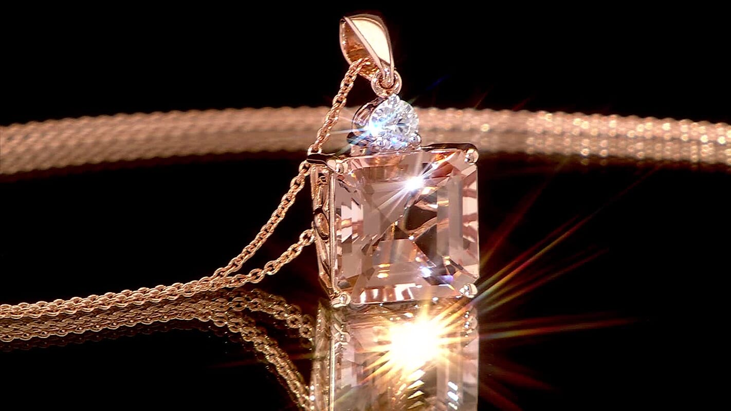 AAA Asscher Cut Marropino Morganite and Luxuriant Lab Grown Diamond 8.20 ctw Art Deco Pendant Necklace 20 Inches in 14K Rose Gold