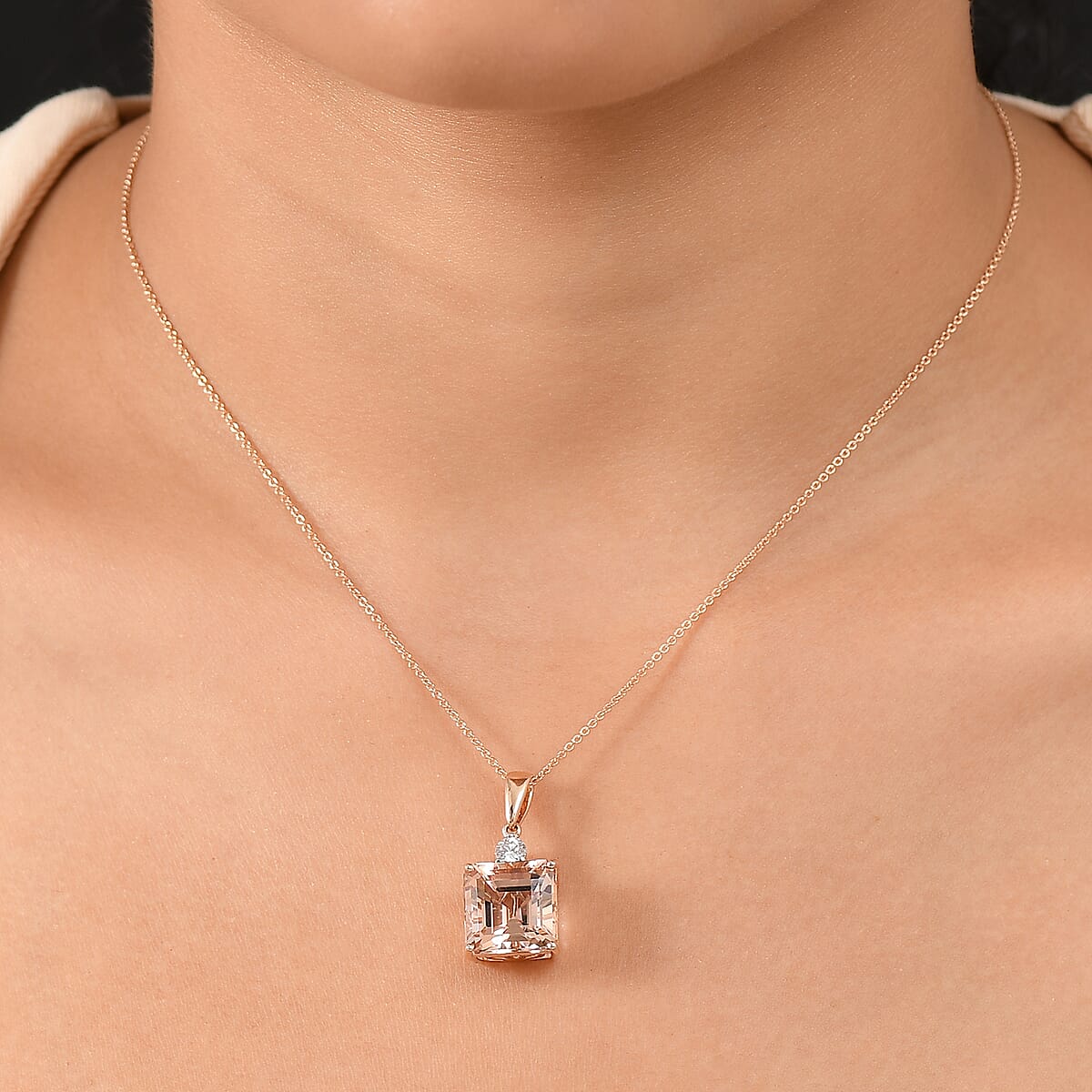 AAA Asscher Cut Marropino Morganite and Luxuriant Lab Grown Diamond 8.20 ctw Art Deco Pendant Necklace 20 Inches in 14K Rose Gold image number 2