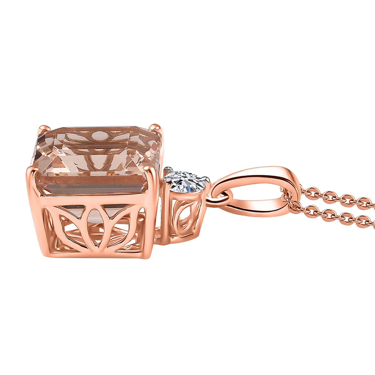 AAA Asscher Cut Marropino Morganite and Luxuriant Lab Grown Diamond 8.20 ctw Art Deco Pendant Necklace 20 Inches in 14K Rose Gold image number 3
