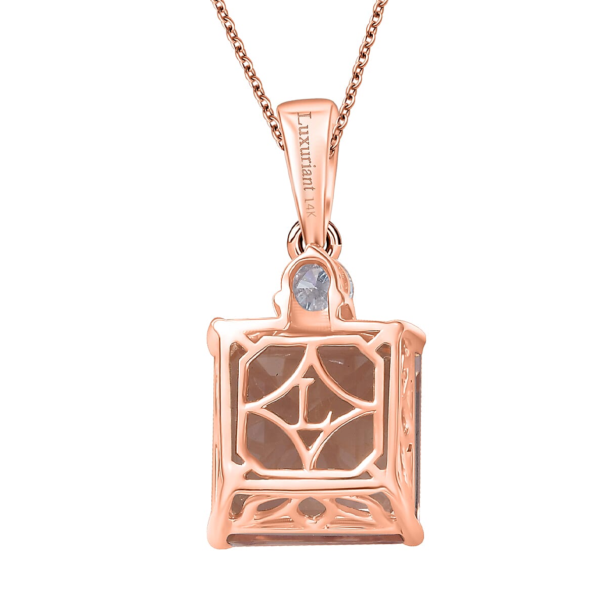 AAA Asscher Cut Marropino Morganite and Luxuriant Lab Grown Diamond 8.20 ctw Art Deco Pendant Necklace 20 Inches in 14K Rose Gold
