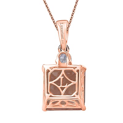 AAA Asscher Cut Marropino Morganite and Luxuriant Lab Grown Diamond 8.20 ctw Art Deco Pendant Necklace 20 Inches in 14K Rose Gold