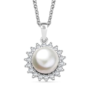 D'Joy Freshwater Pearl and White Zircon 0.65 ctw Sunburst Pendant Necklace in Rhodium Over Sterling Silver 20 Inches